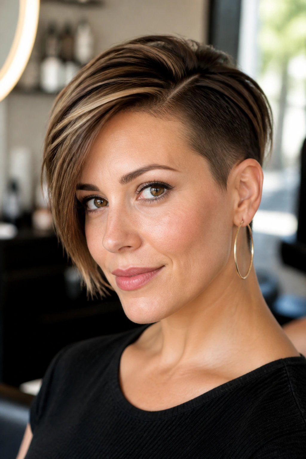 Close-up portrait of a real woman with a side-parted undercut pixie on fine hair