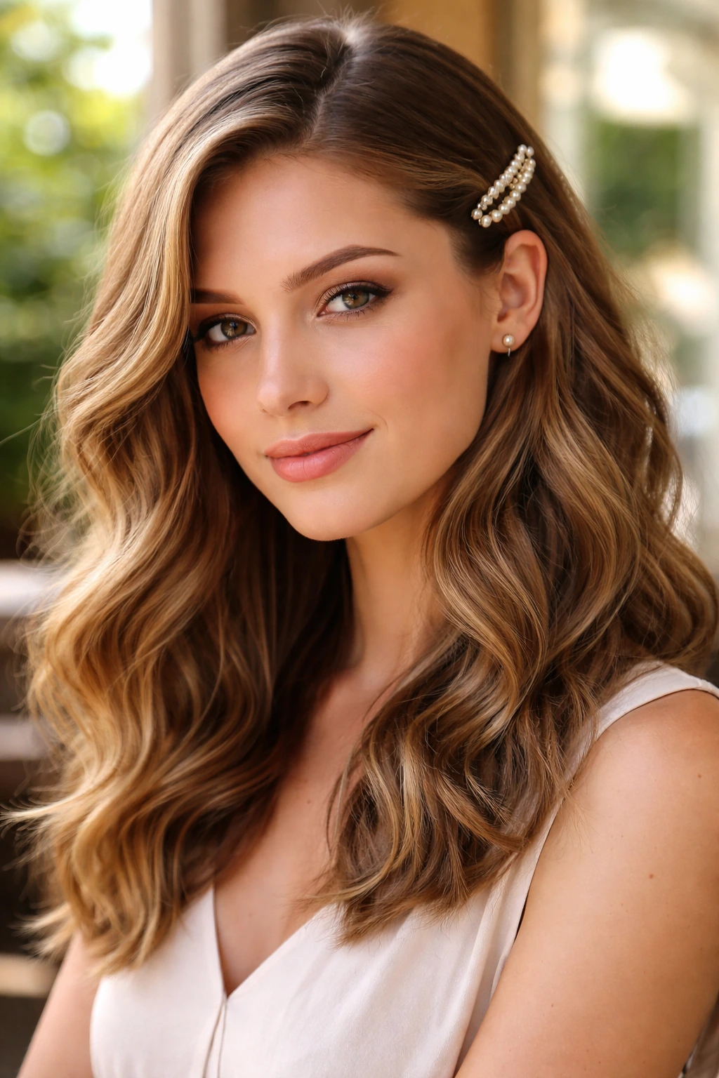 Side-parted waves with barrette accent hairstyle on a real woman