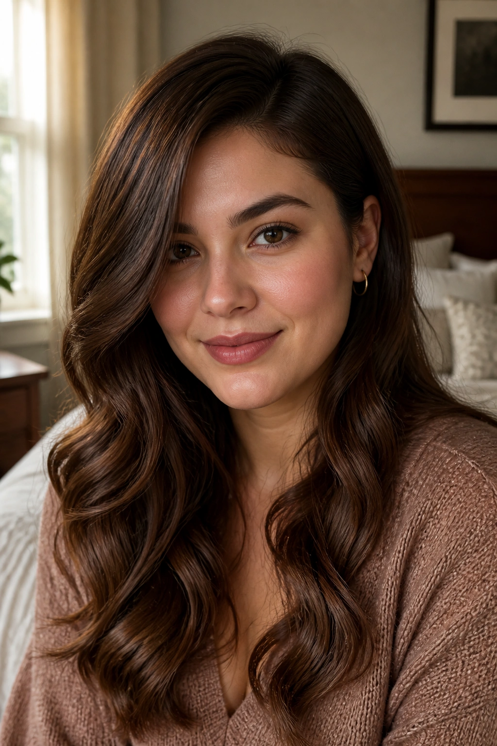 Close-up of a woman with side-parted chocolate waves and a deep side part.