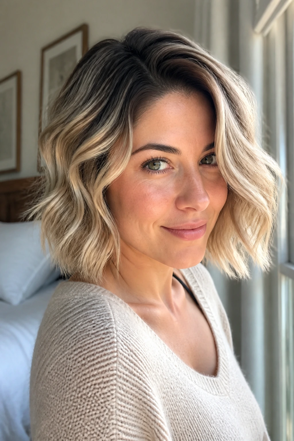 Close-up portrait of a real woman with a side-parted wavy bob and espresso roots in window light