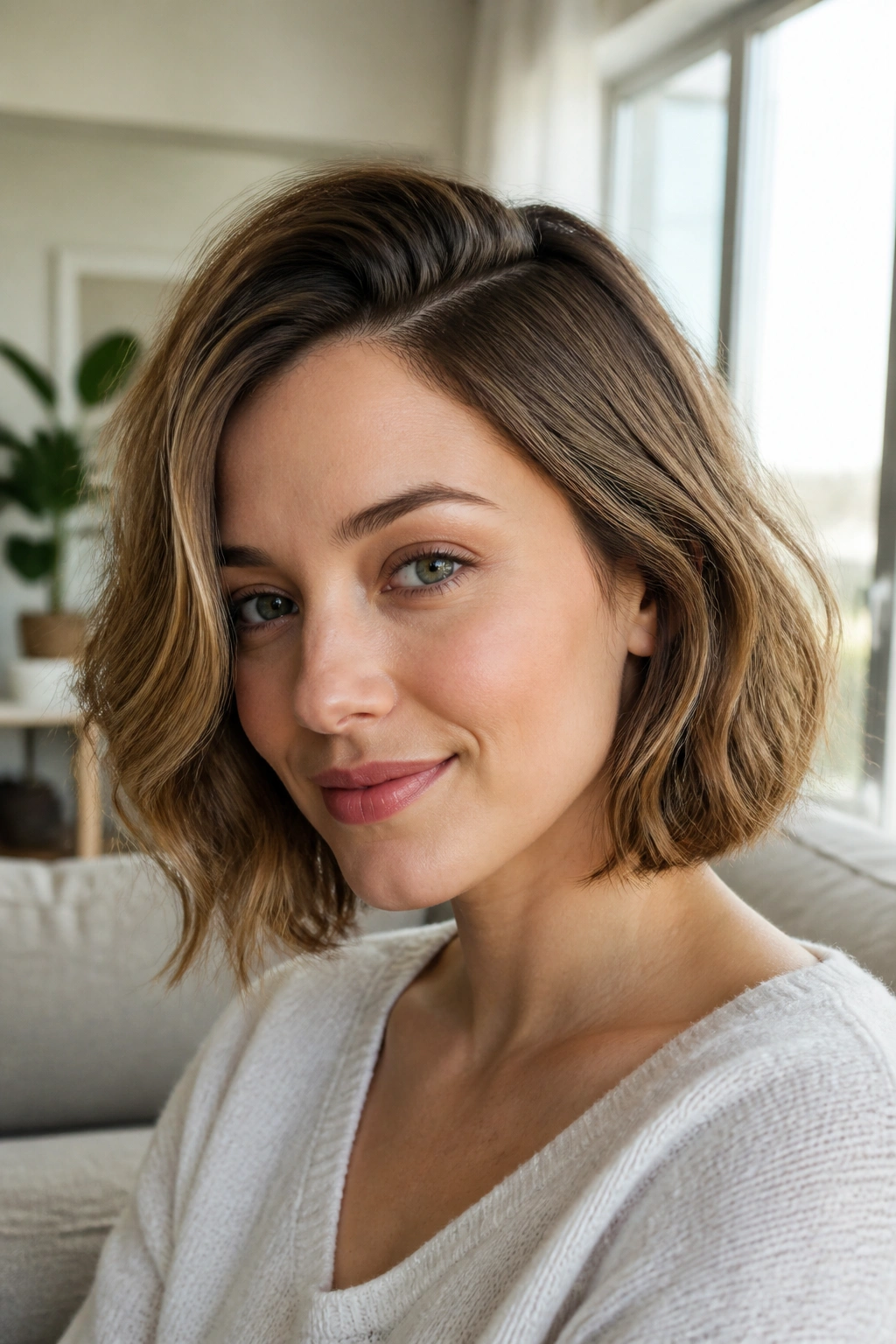 Close-up of a woman with side-parted wavy bob by a sunny window