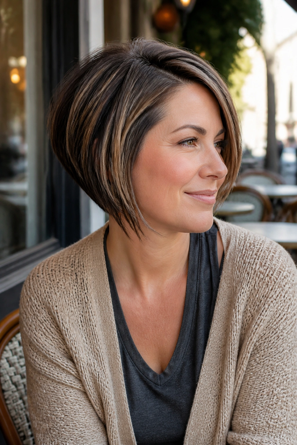 Close-up of a woman with a side-parted wedge bob in a street cafe setting