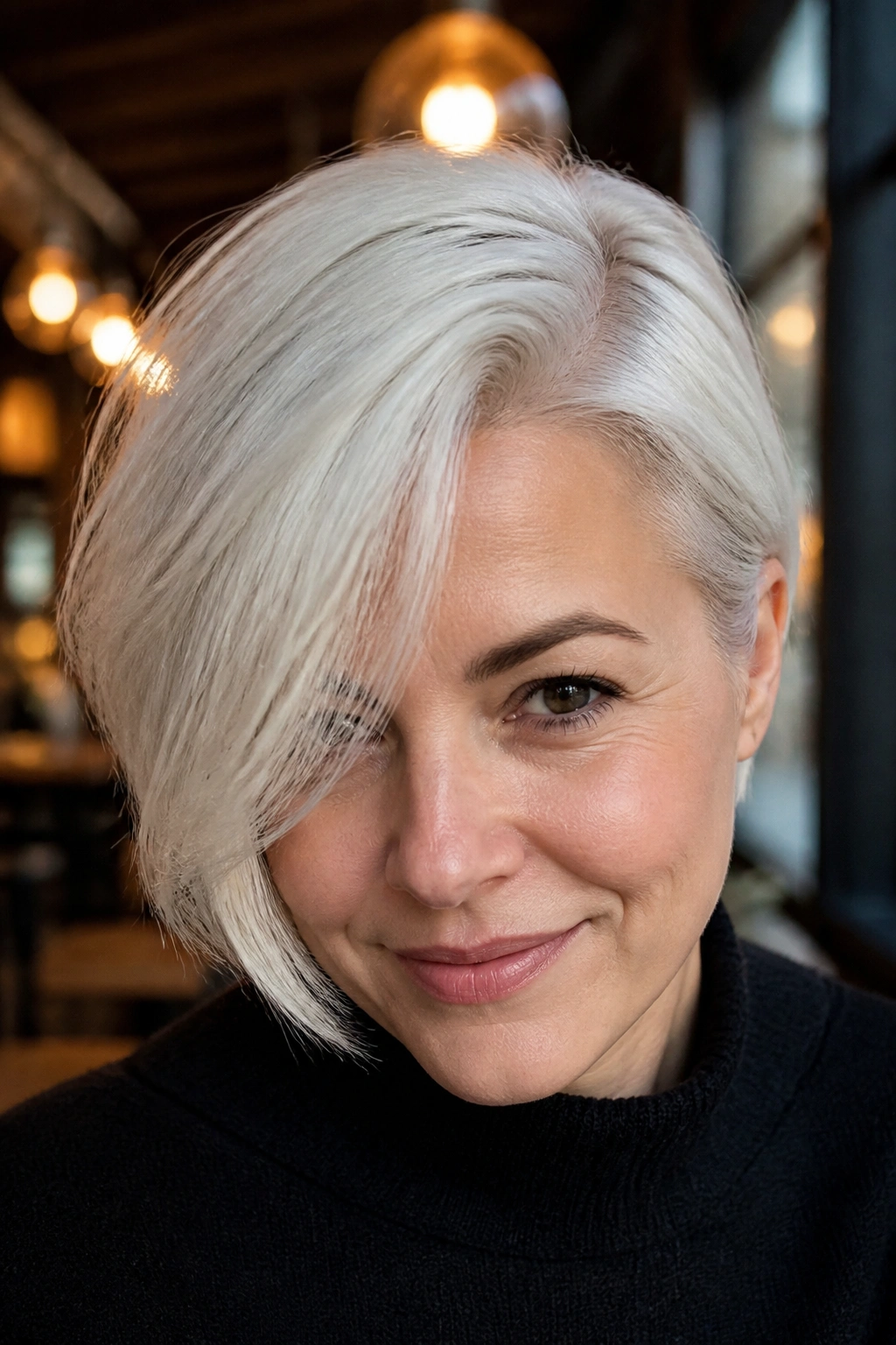 Close-up of a real person with a deep side-parted white sweep, one side skimming the brow
