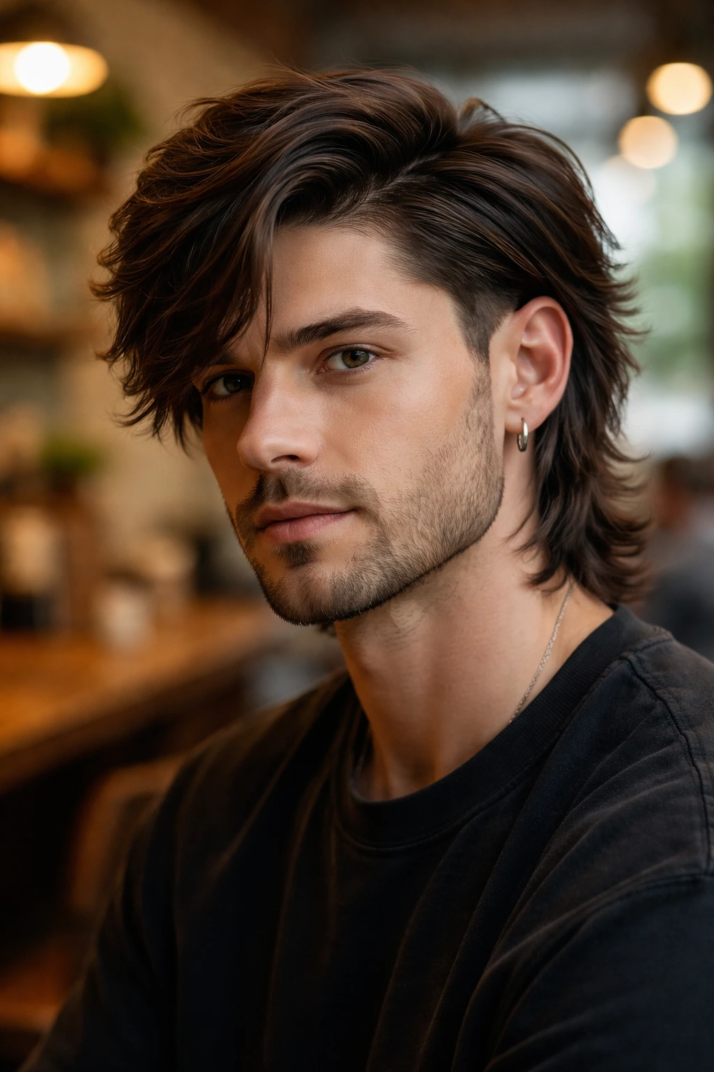 Close-up portrait of a man with a side-parted wolf cut