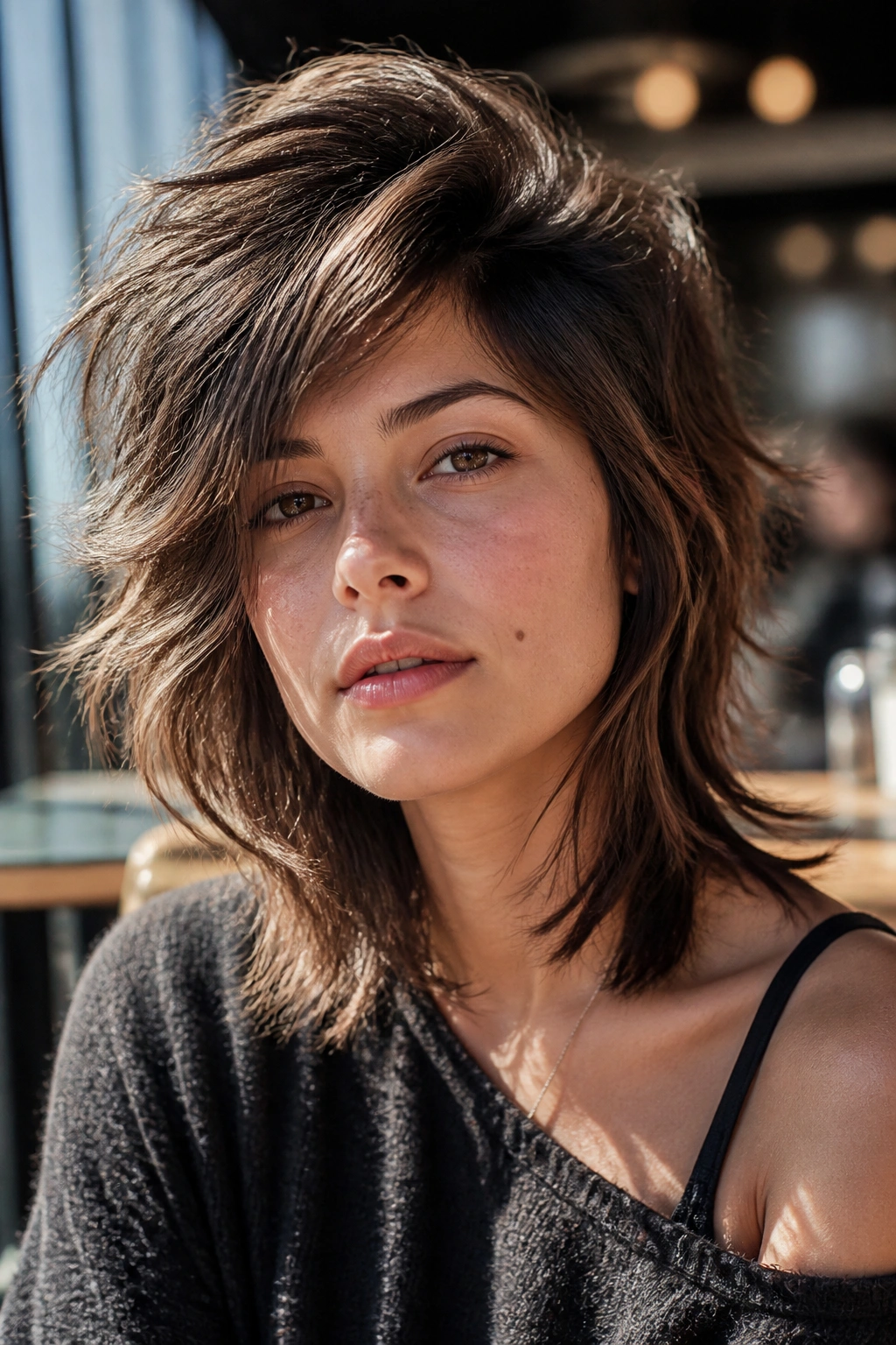 Close-up of a real person with a side-parted wolf cut featuring heavy texture and diagonal sweep