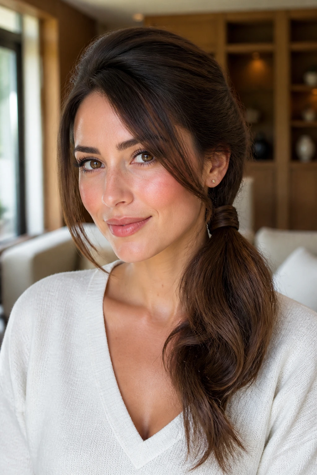 Close-up of a real woman with a side ponytail and crown lift