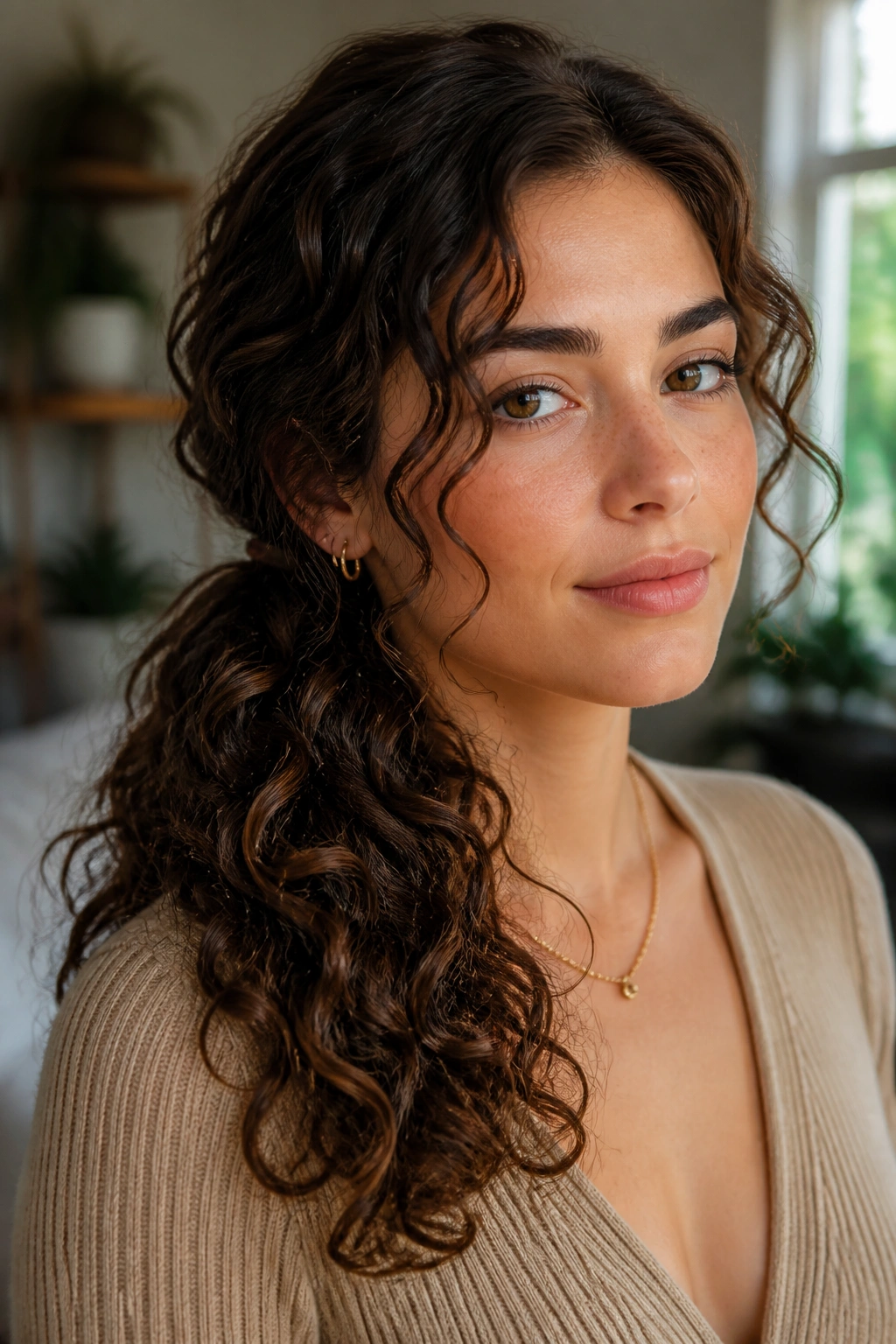 Close-up portrait of a woman with a loose side ponytail and curls falling below the collarbone