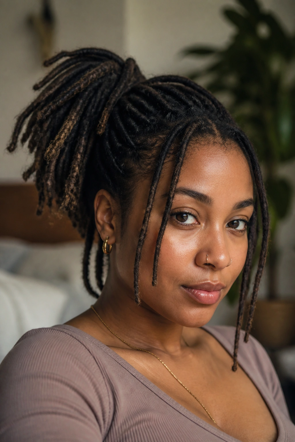 Portrait of a woman with a side ponytail and loose front pieces.