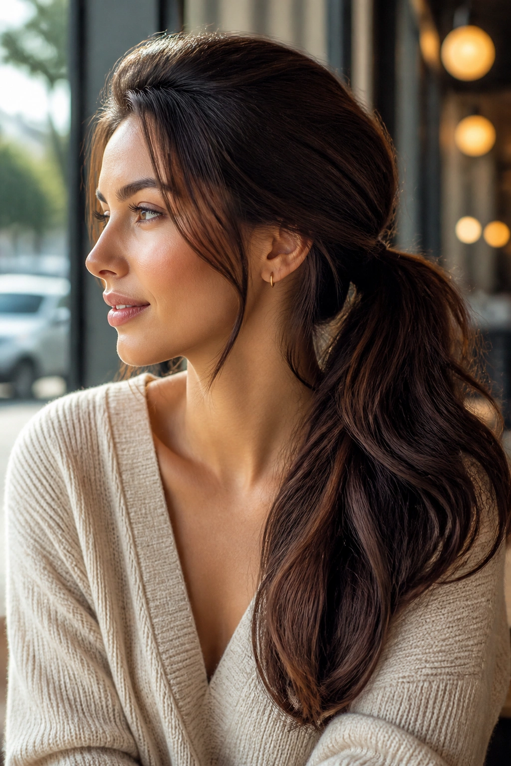 Close-up of real woman with side ponytail and soft volume over shoulder
