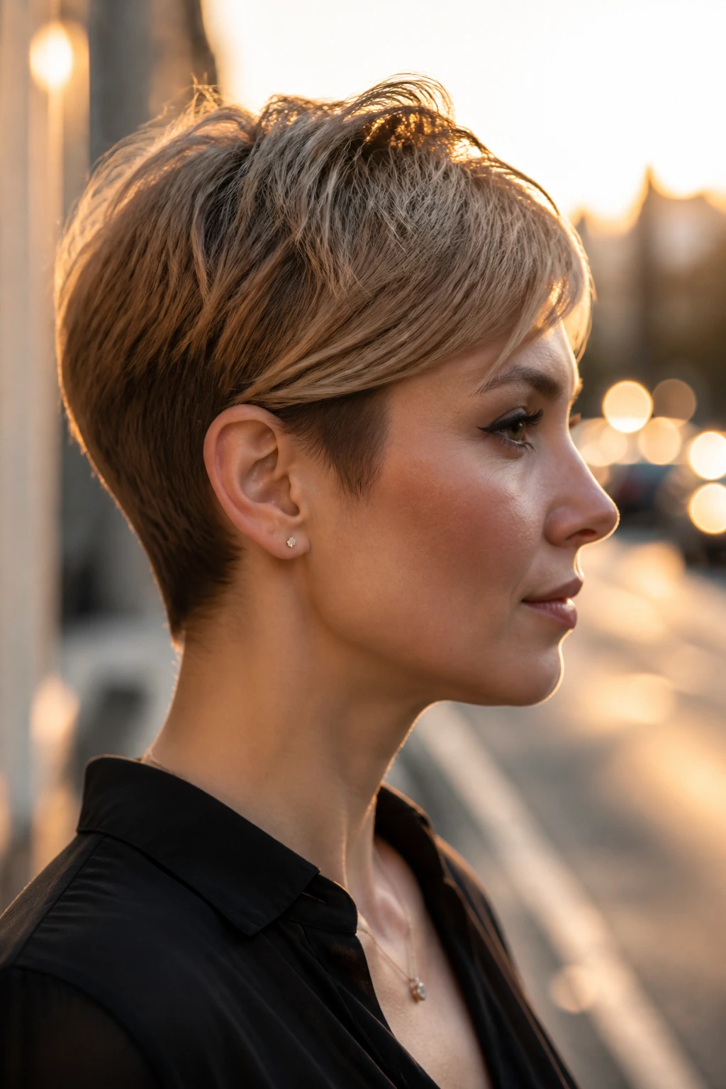 Side profile of a real woman with ear-tucked pixie against a golden-hour street backdrop