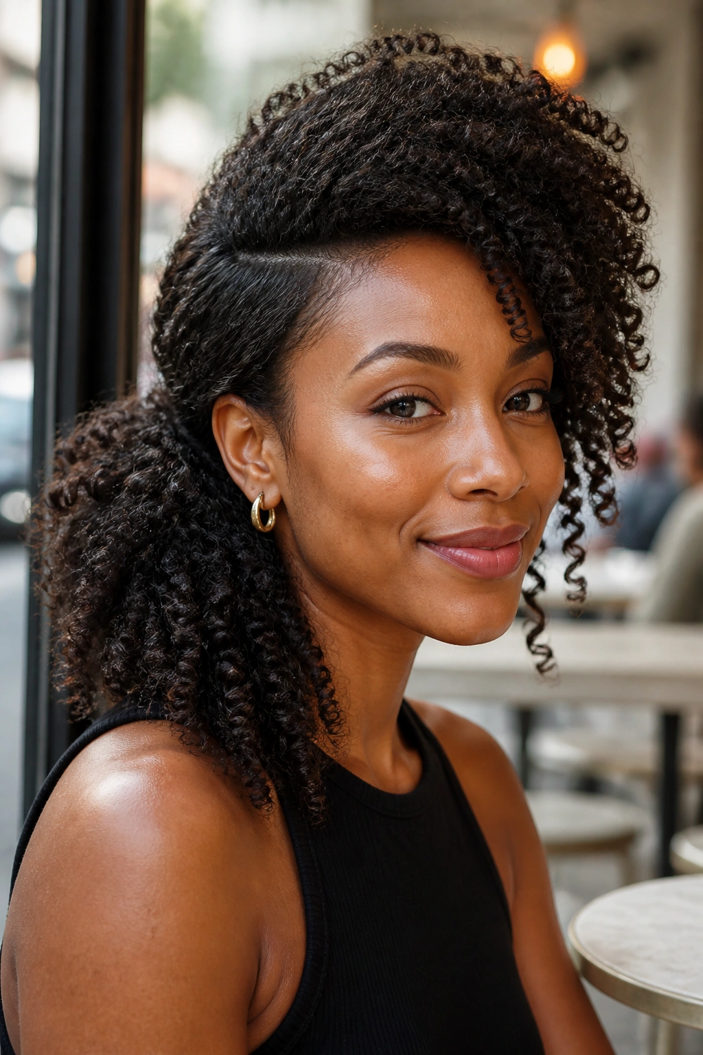 Close-up of a real woman with a high side puff and loose ends