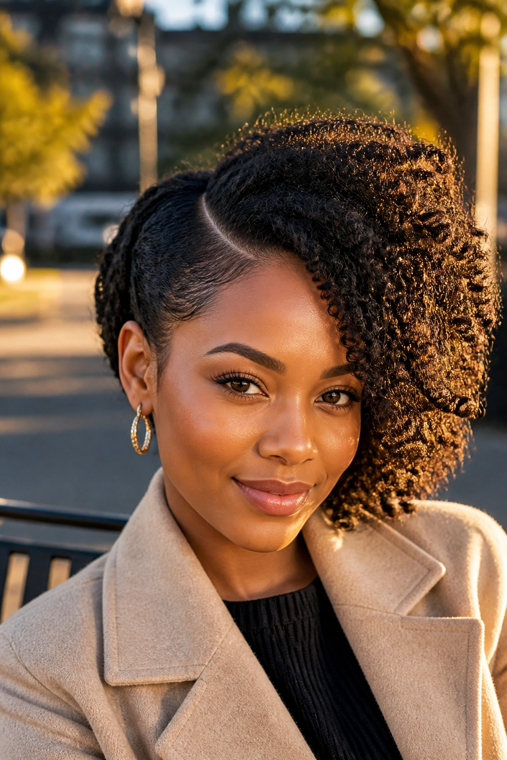Close-up of a real woman with a deep part and side puff
