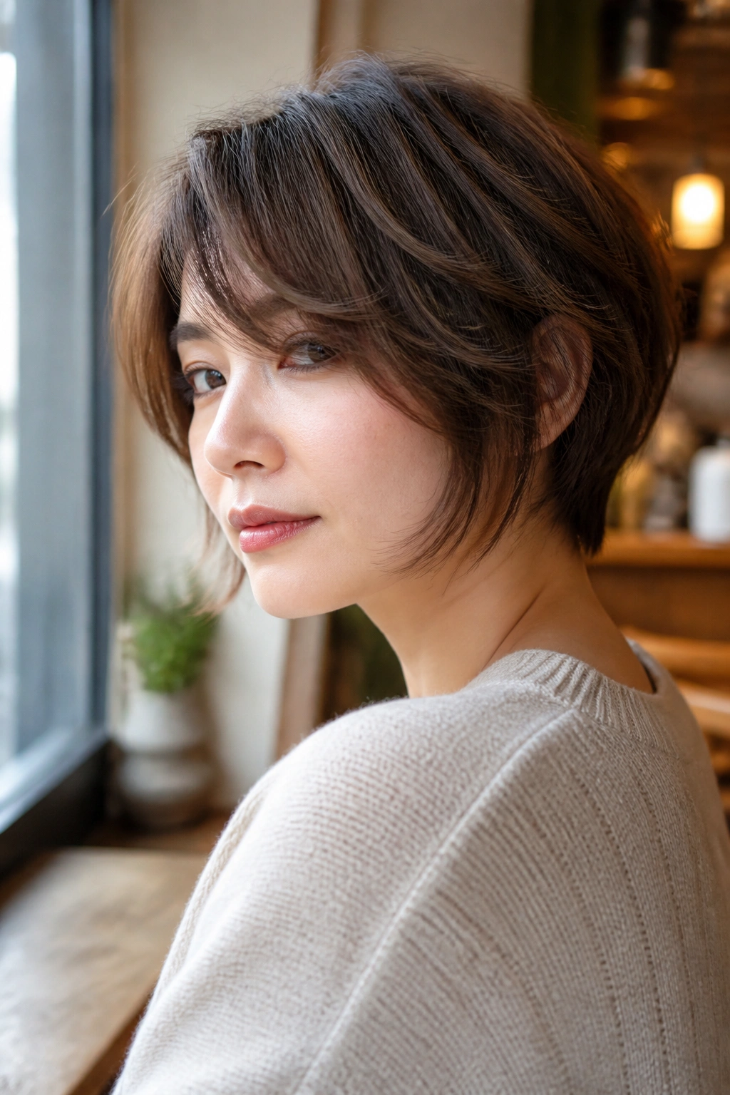 Portrait of a woman with a side shag and tucked-in nape in a warm cafe setting