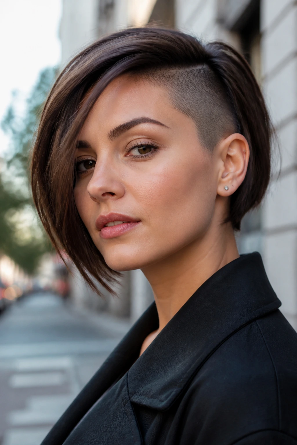 Real person with a side-shaved bob in a close-up portrait.