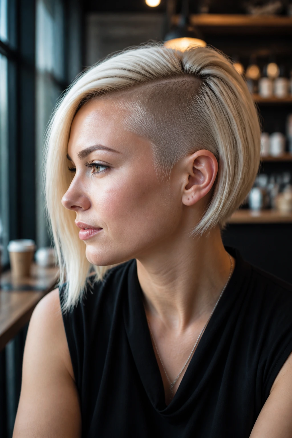 Close-up portrait of a woman with a side-shaved bob and platinum finish