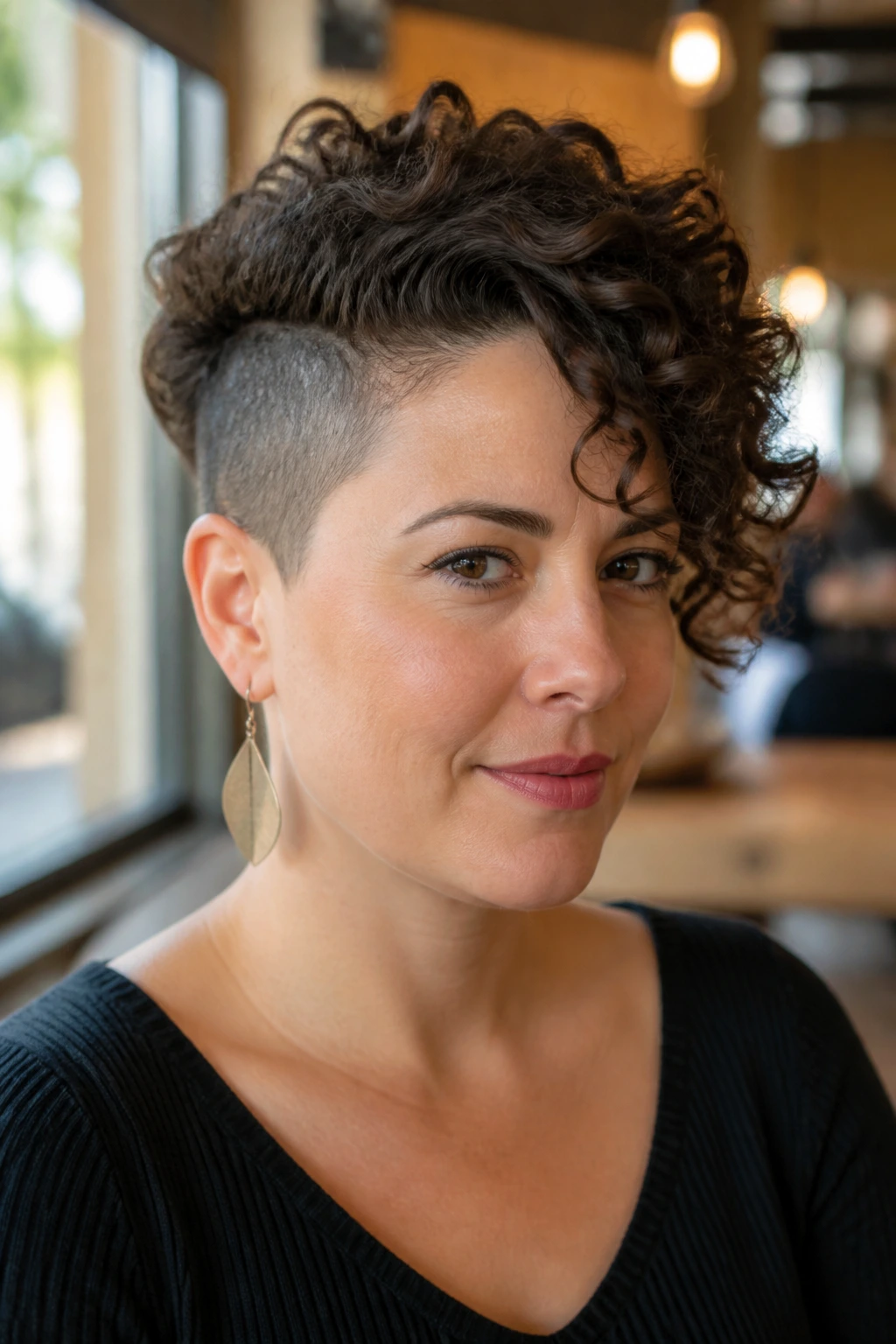 Close-up of a real woman with side-shaved curly crop and soft volume.