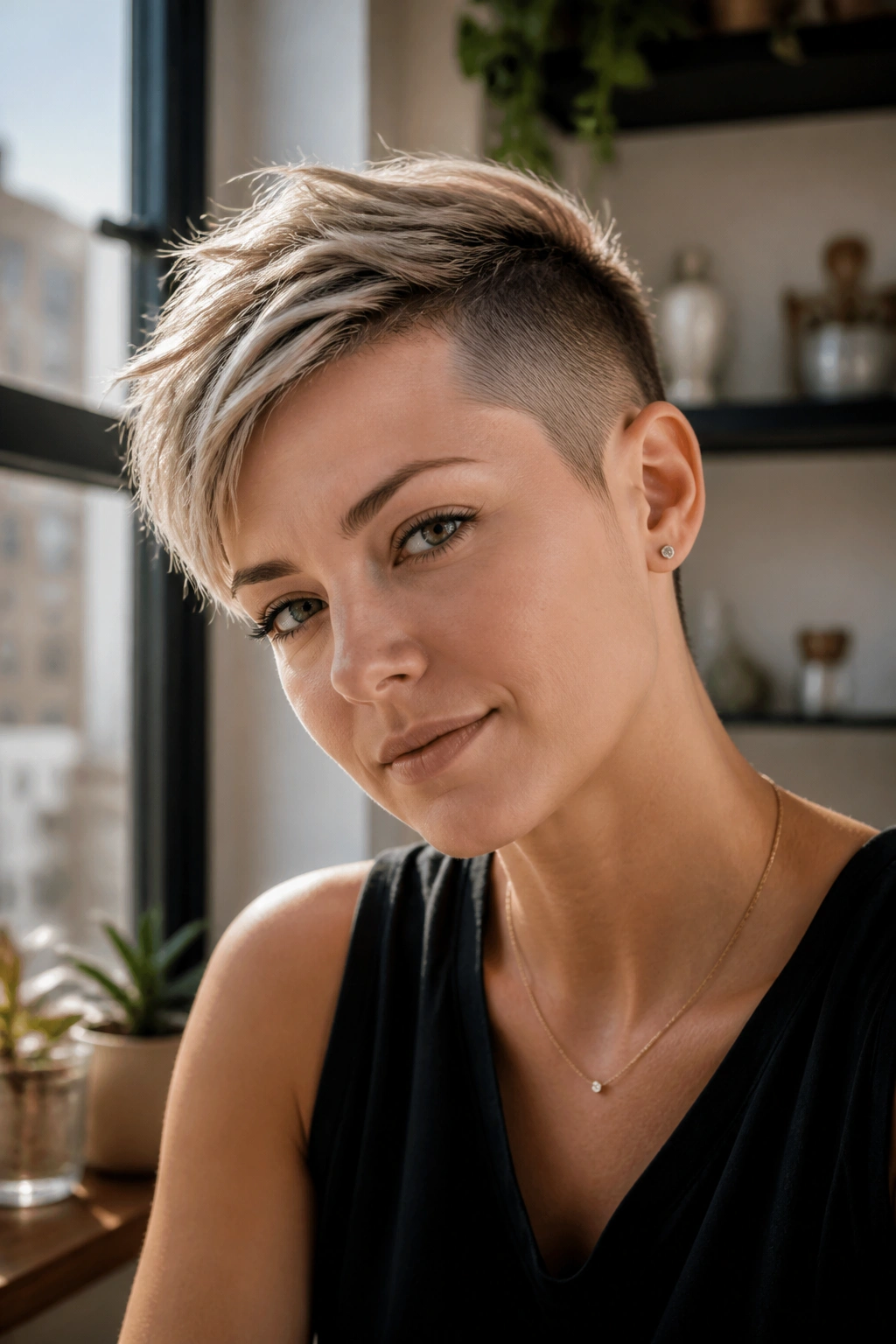Close-up portrait of a woman with a side-shaved pixie and longer top, natural window light