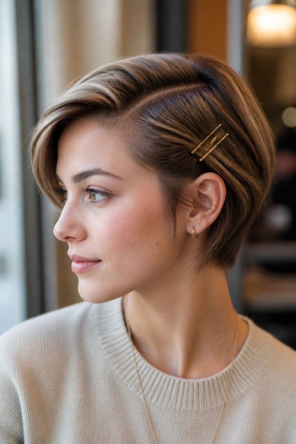 Portrait of a real person with a side sweep short hair and clips