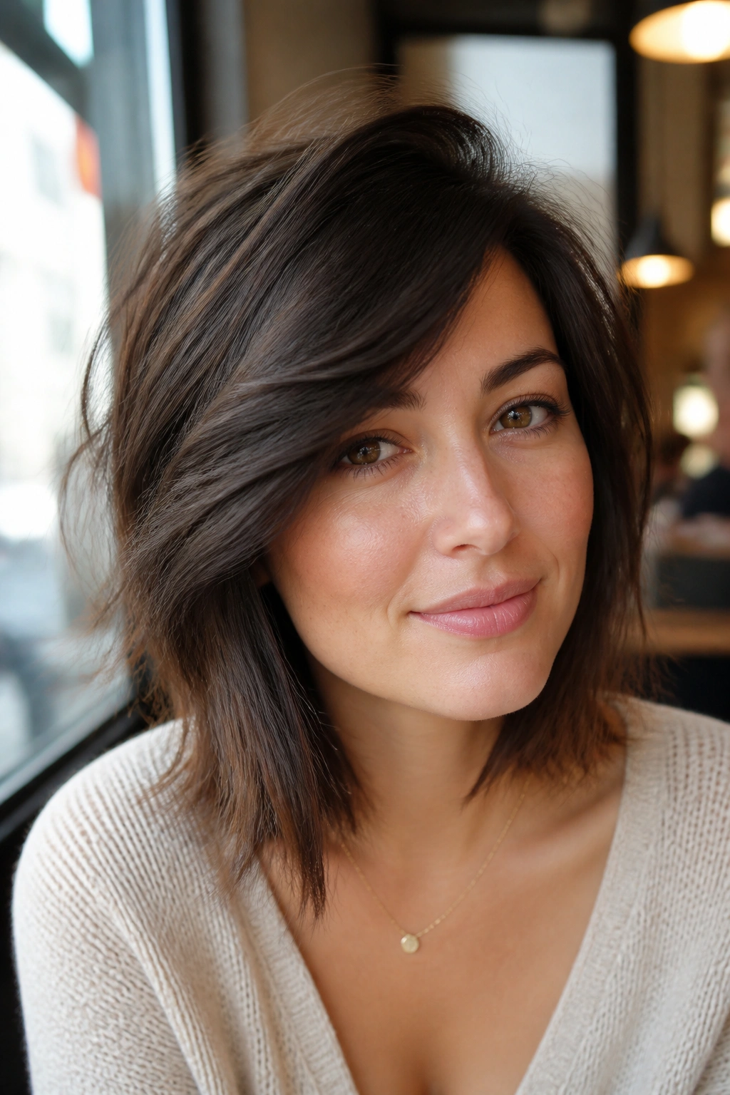 Close-up of a real woman with a side-swept medium cut and airy ends at a cafe window