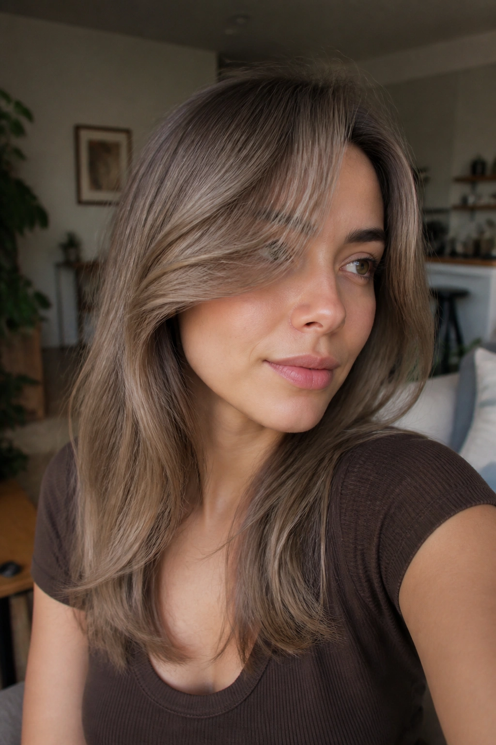 Portrait of a real woman with deep side-swept ash curtain bangs
