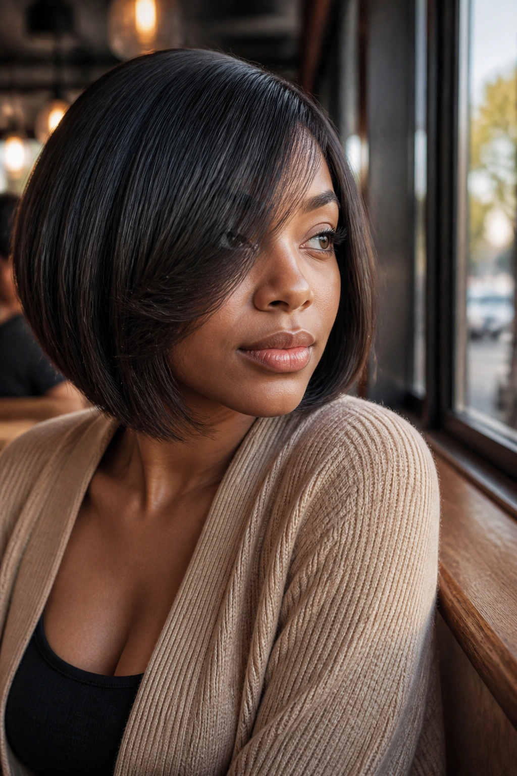 Close-up of a real woman with a side swept bang bob