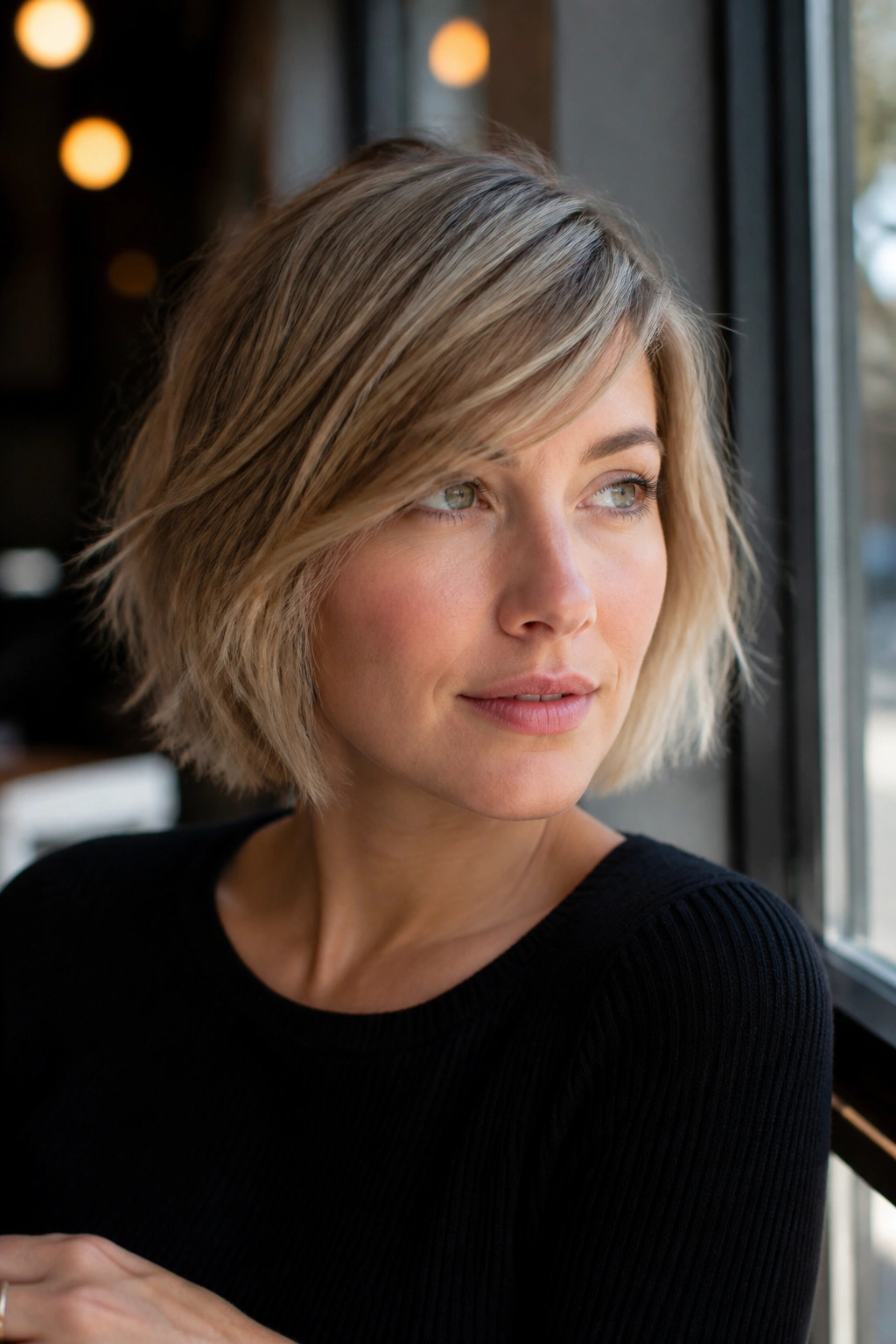 Portrait of a woman with a side-swept bang bob in a cafe window light setting