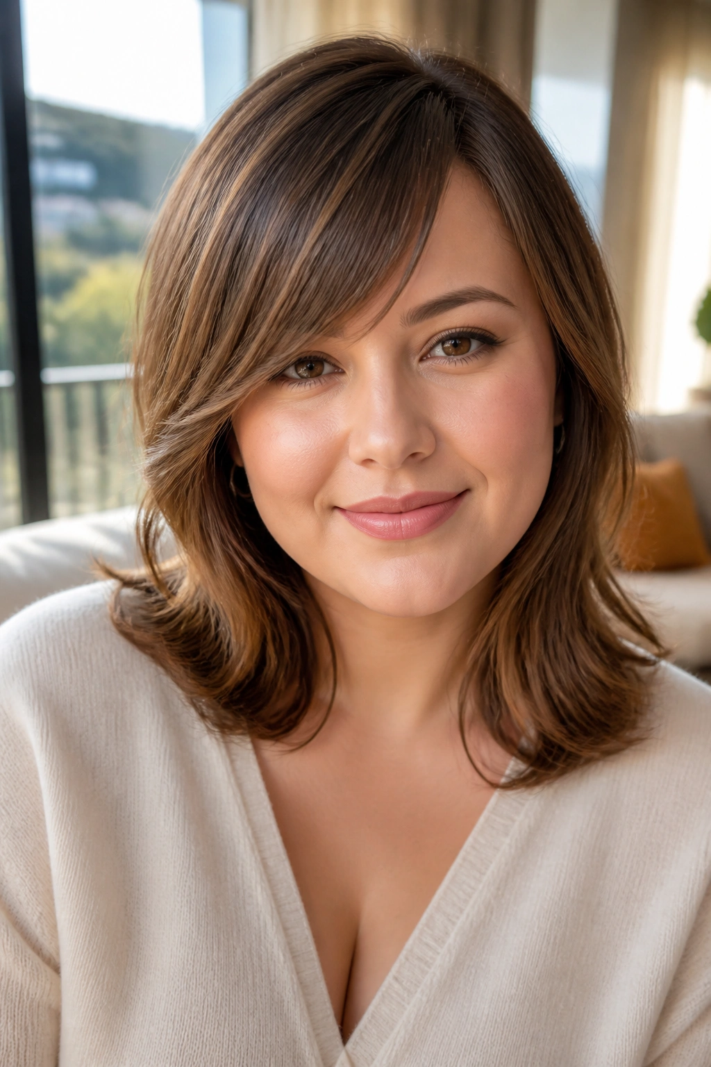 Portrait of a woman with side-swept bangs on medium-length hair