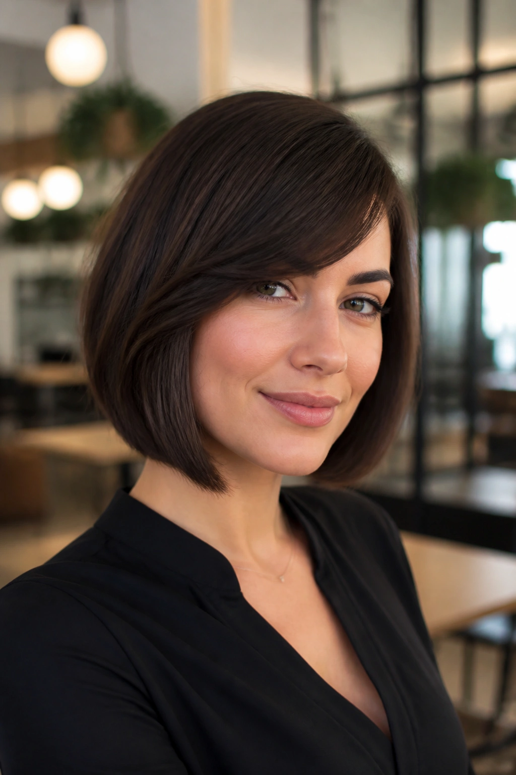 Portrait of a real woman with side-swept bangs bob in rich brunette