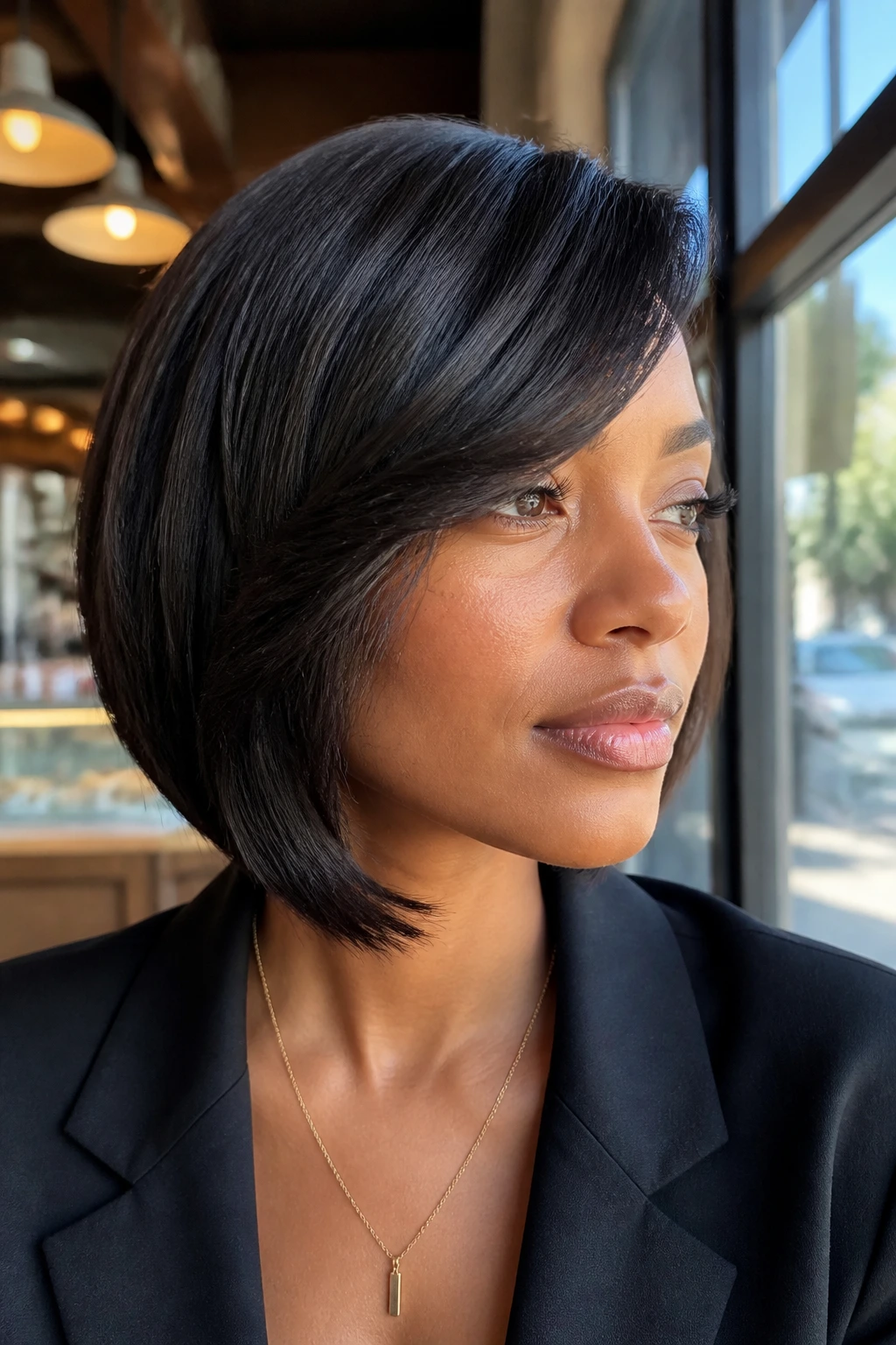 Close-up of a real woman with a side-swept bang bob on fine hair, front density visible.