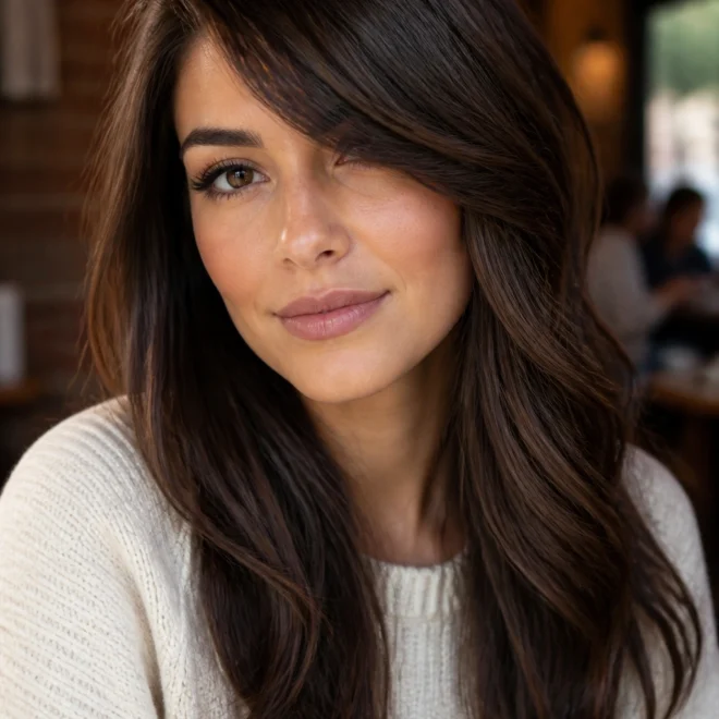 25 Long Brown Bangs Ideas for Round Faces