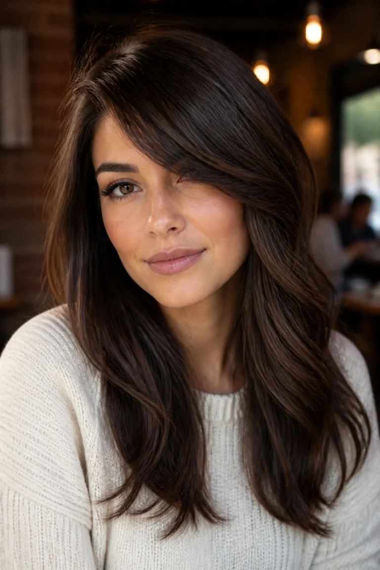 25 Long Brown Bangs Ideas for Round Faces
