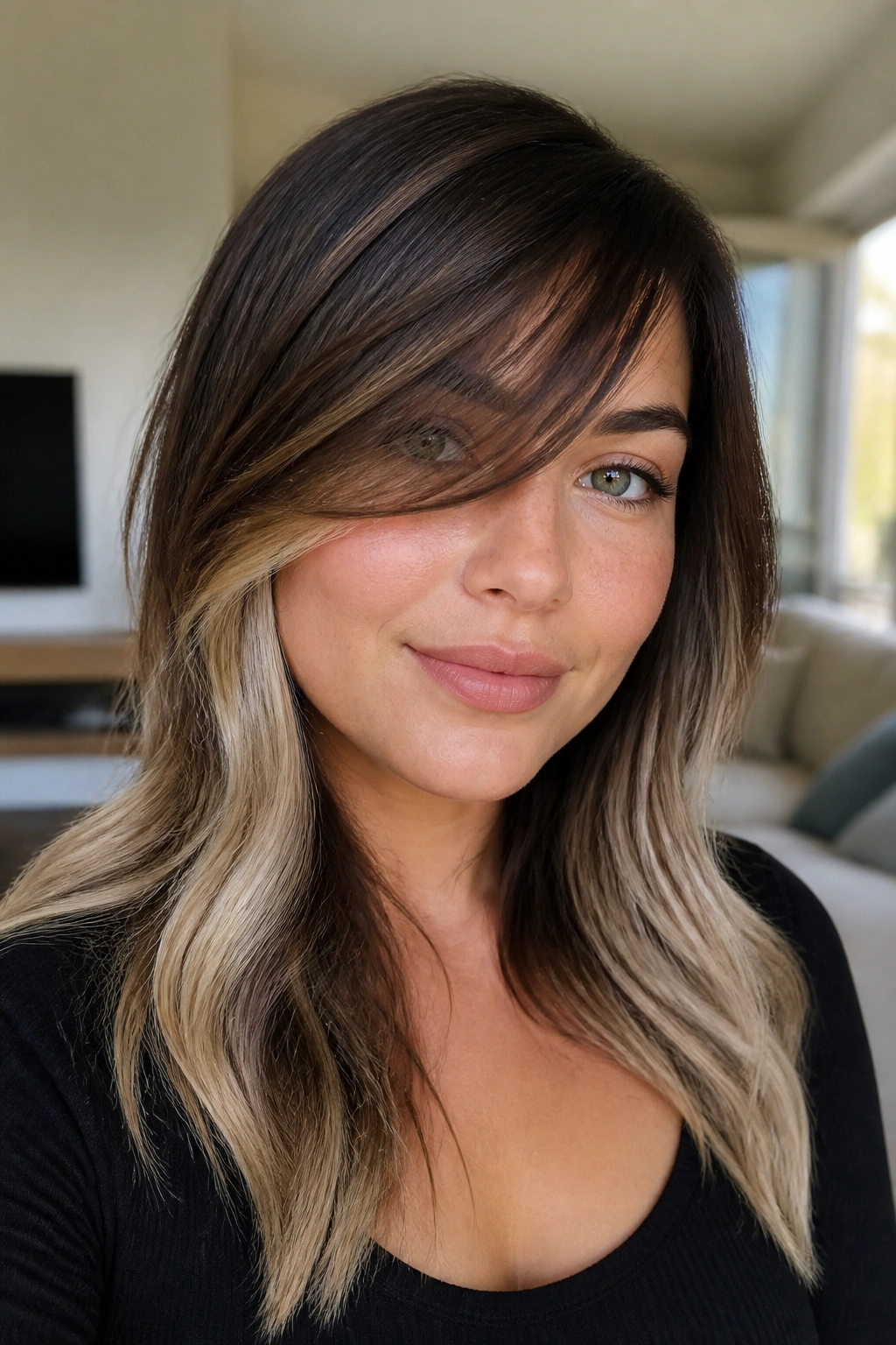 Portrait of a woman wearing side-swept bangs with soft color contrast.