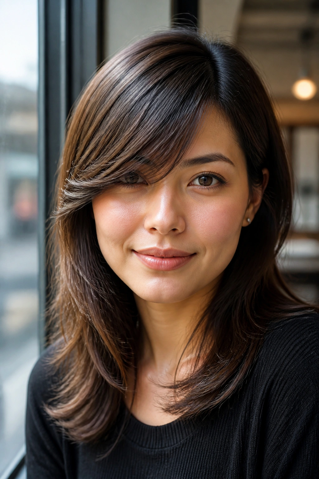 Close-up portrait of a person with deep-part side-swept bangs