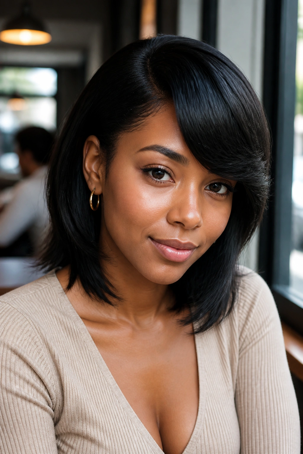 Close-up of a real woman with a deep-part side-swept bangs