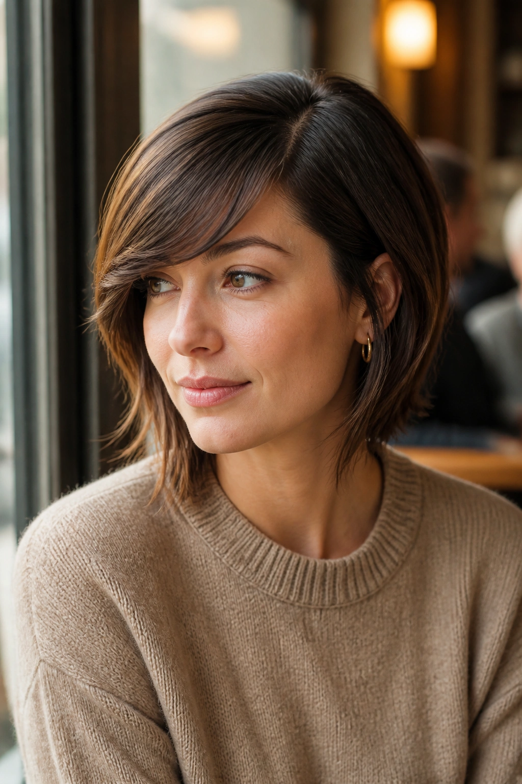 Portrait of a real person with deep-part, soft side-swept bangs