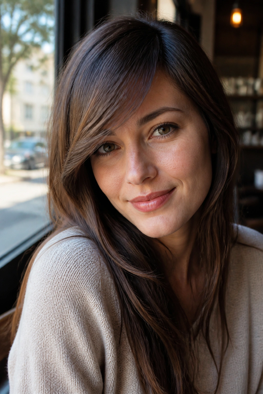 Real woman with long diagonal side-swept bangs in a sunlit cafe setting