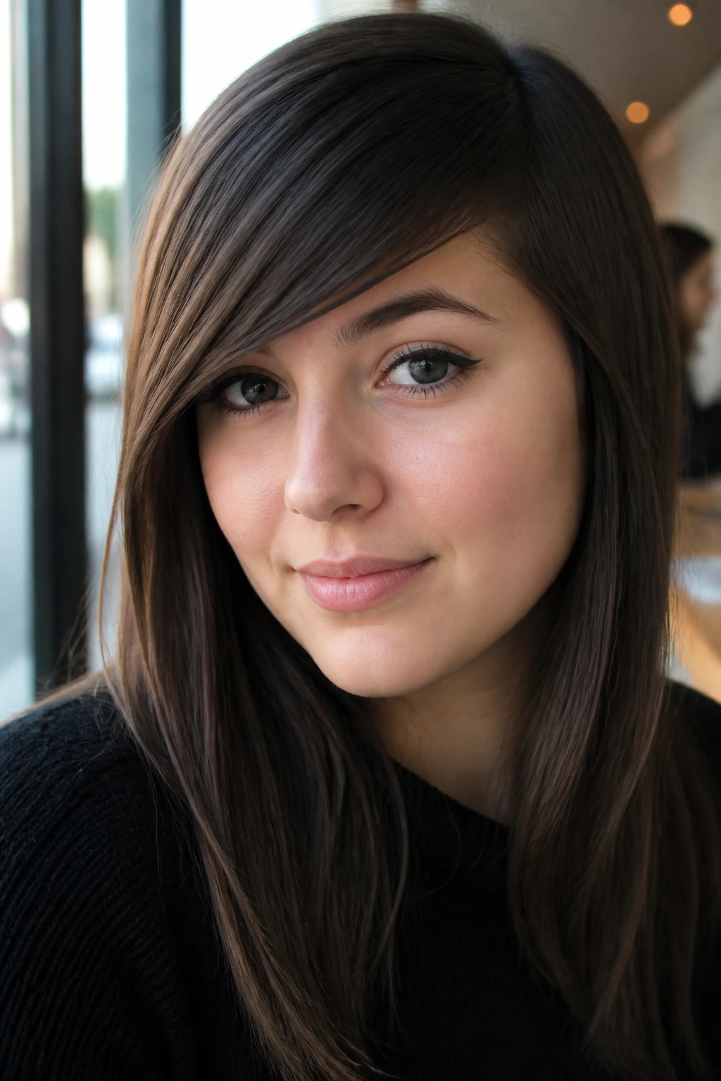 Close-up of side-swept bangs forming a diagonal line on a real woman.