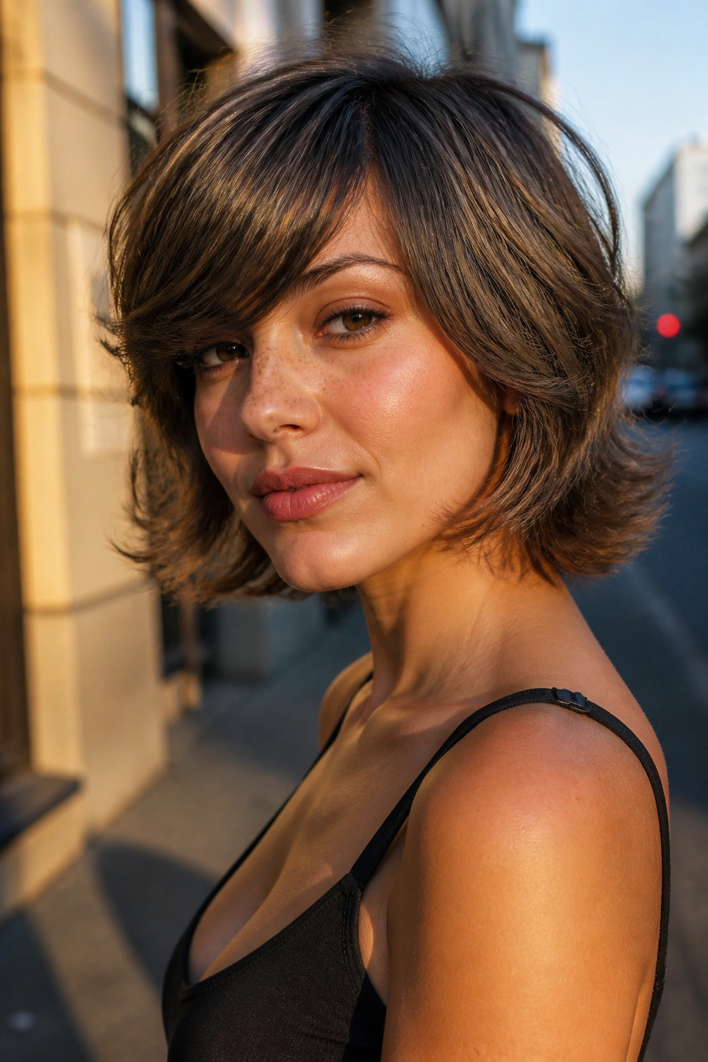 Close-up of a real person with side-swept bang shag and flipped ends