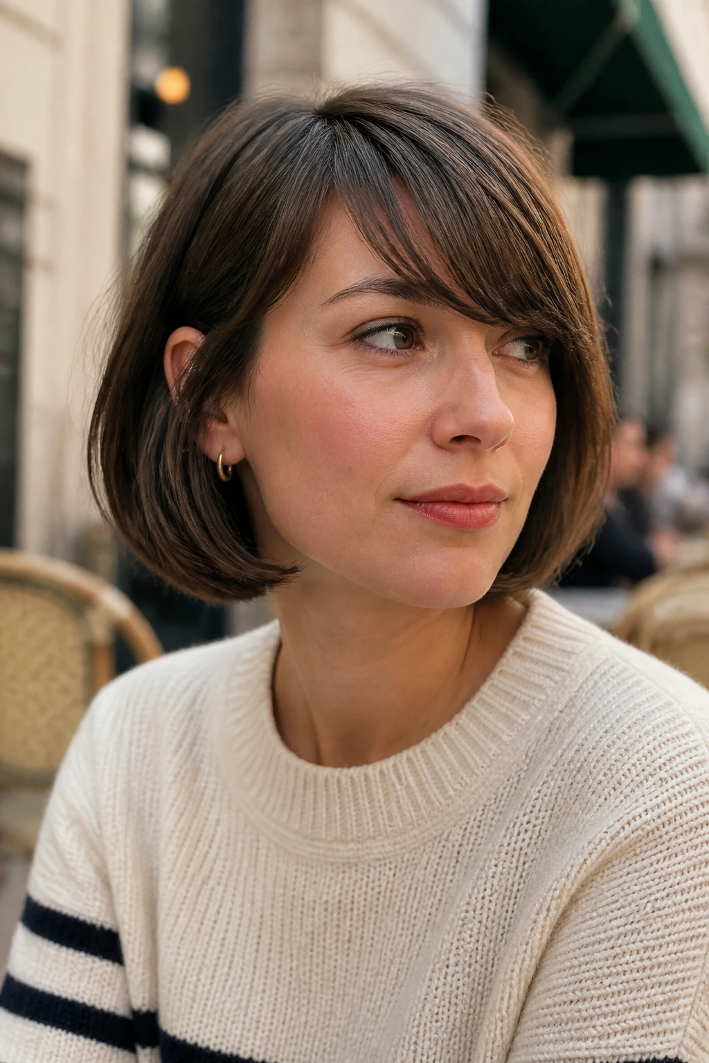 Real woman with side-swept bangs in a French bob