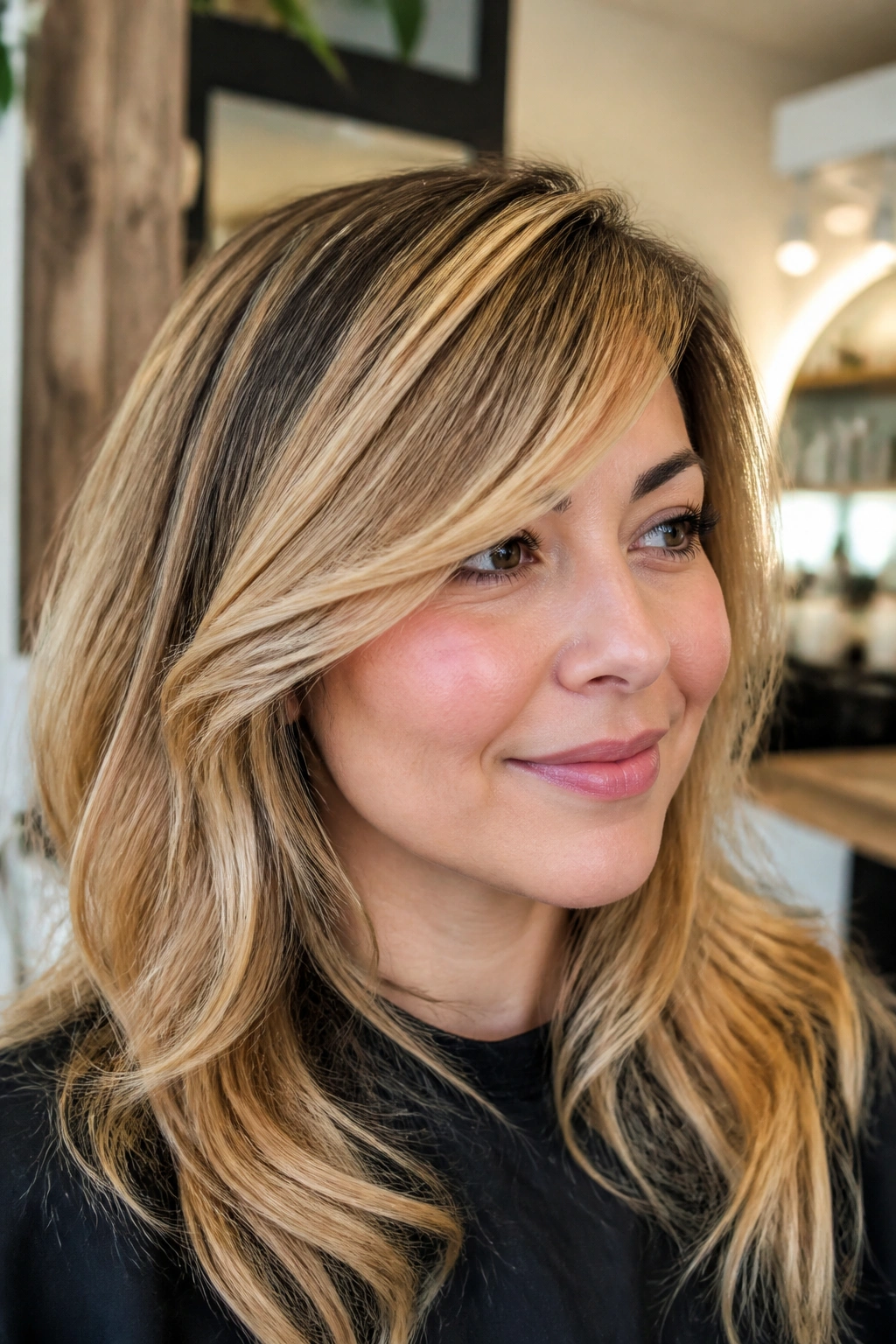 Close-up portrait of a real woman with honey-highlighted side-swept bangs and a round face