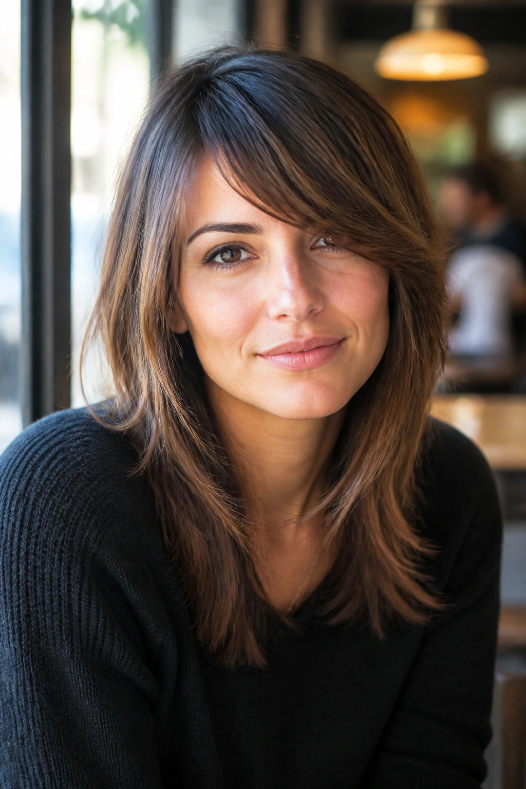 Close-up portrait of a real woman with side-swept bangs and layered length