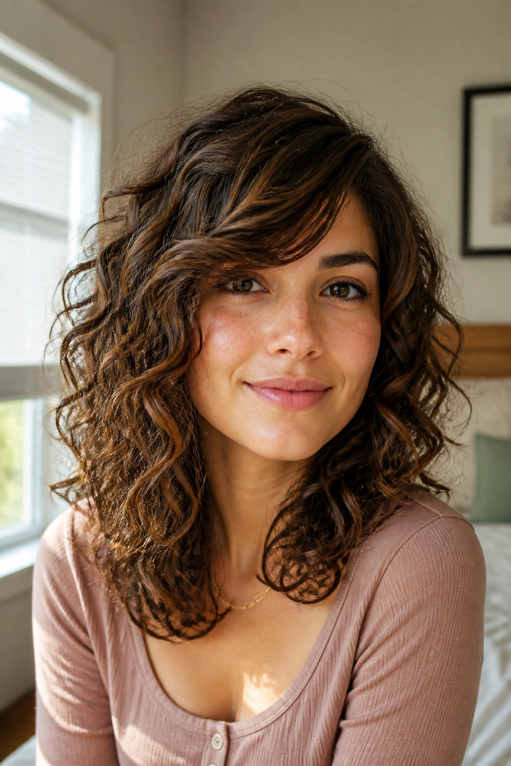 Close-up of a real woman with side-swept bangs and layered mid-length curls in soft window light