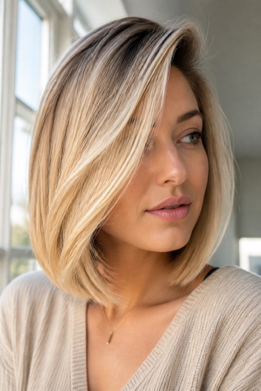 Real woman with deep side-swept lob and long bangs, portrait shot
