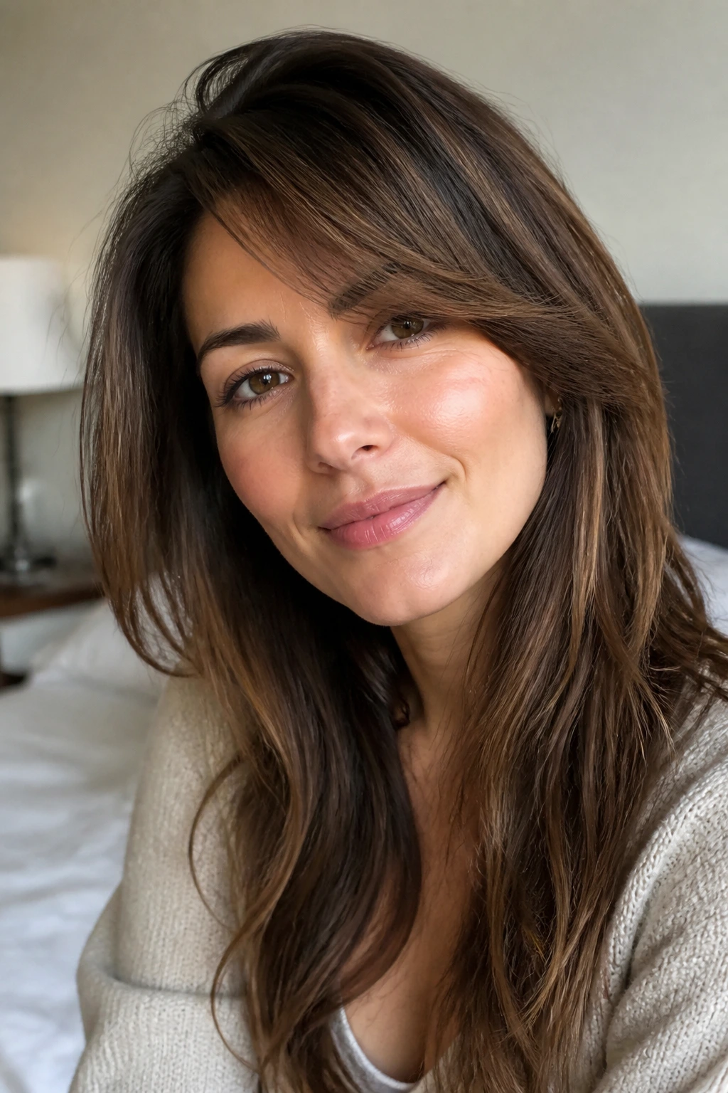 Close-up portrait of a real woman with long side-swept bangs growing out cleanly across the forehead