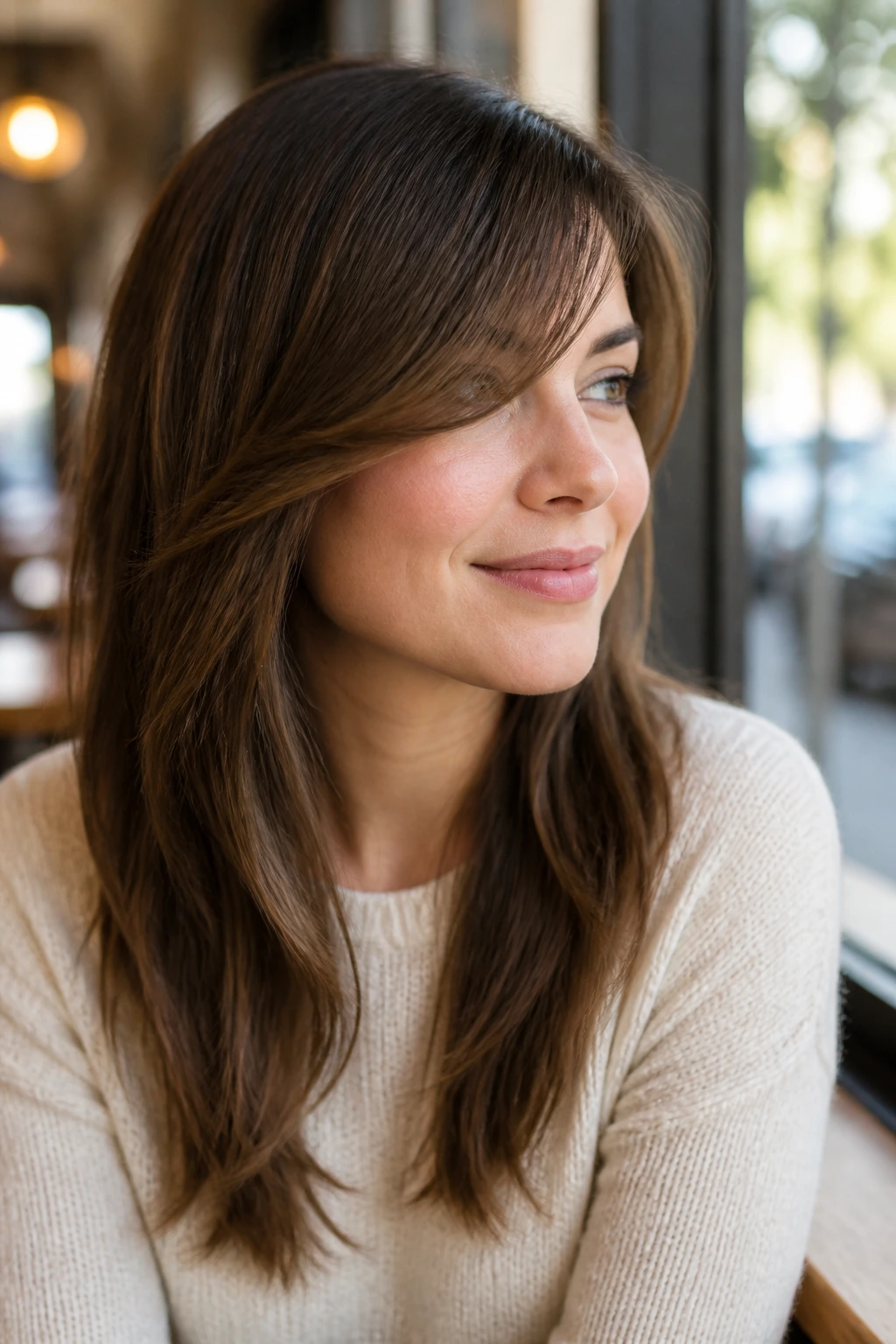 Close-up portrait of a real woman with side-swept bangs and long layers