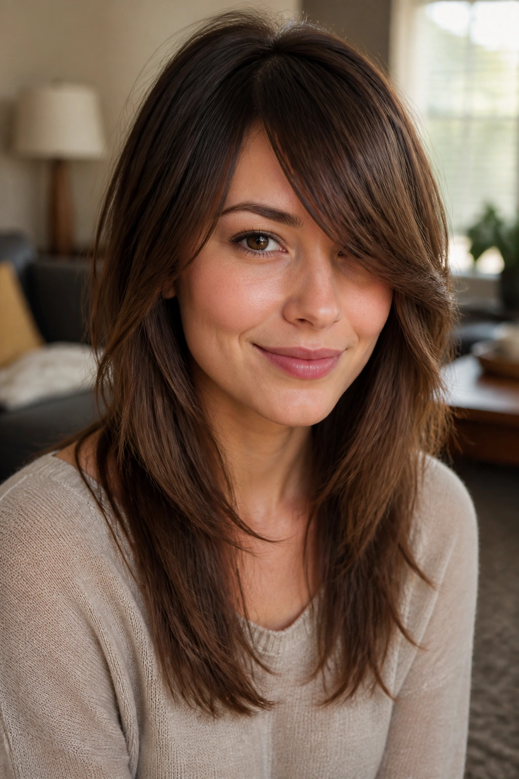 Close-up portrait of a real woman with long layered hair and side-swept bangs