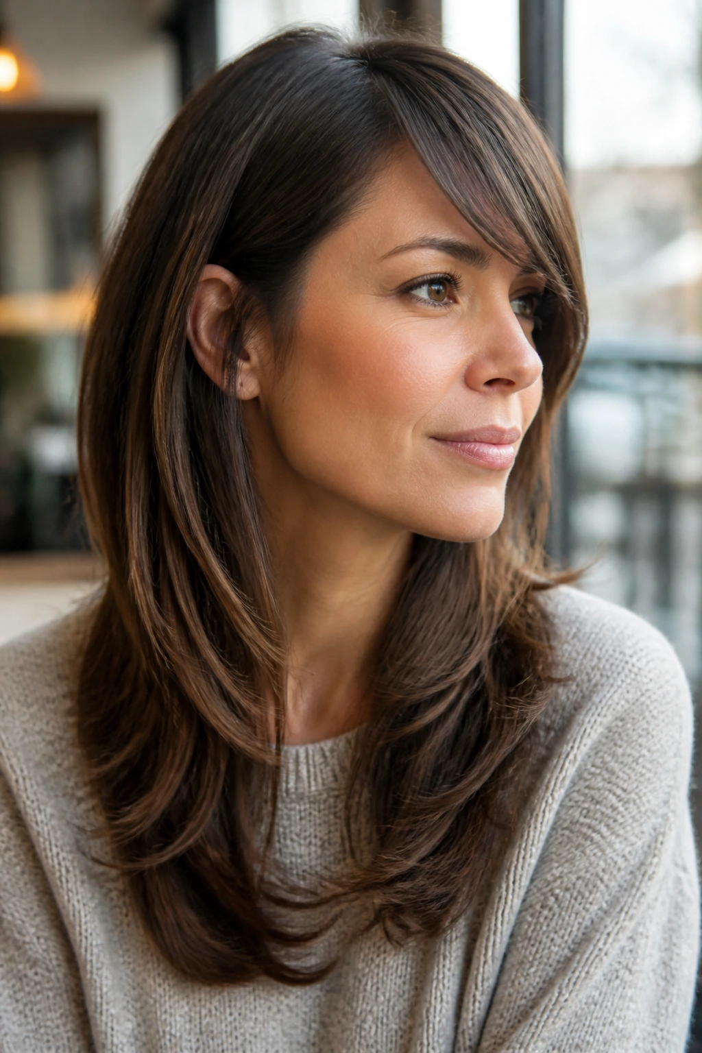 Real woman with side-swept bangs and long layers in cafe light