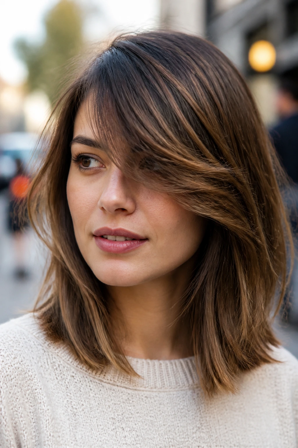 Close-up of a real woman with side-swept bangs on a medium-length cut.