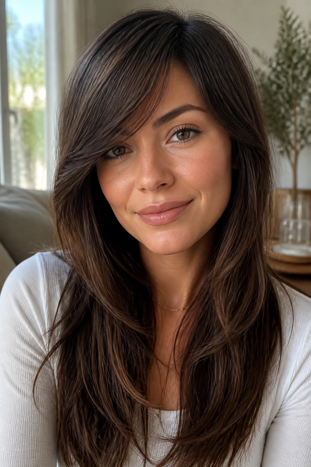 Close-up portrait of side-swept fringe with long mocha layers on a real person in a sunlit room