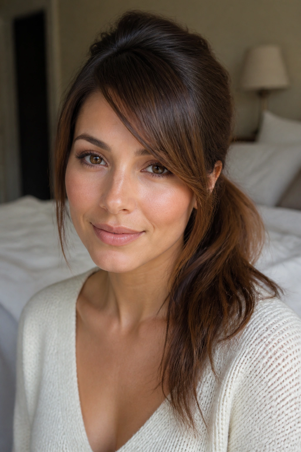 Close-up portrait of a real woman showing side swept bangs with an off-center ponytail